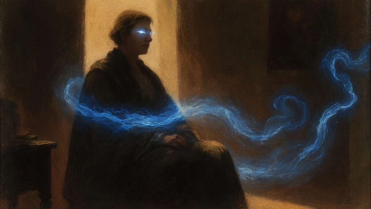 A calm figure bathed in amber light as blue energy slowly wraps around them for lasting relief.