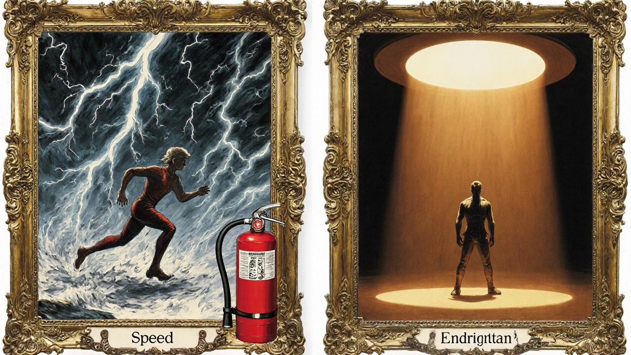 A diptych showing speed vs. endurance in migraine relief with symbolic fire extinguishers.