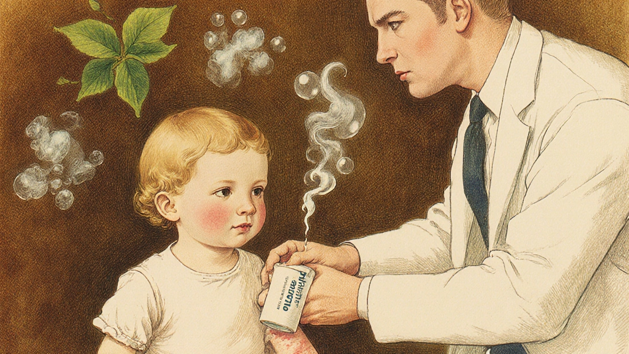 A pediatrician applying desonide to a toddler&#039;s elbow fold, while irritants dissolve into smoke in the background.