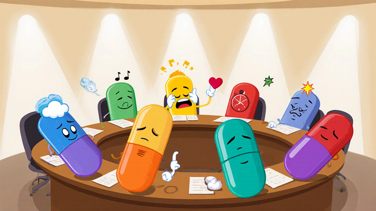 Animated pill characters at a table each show their typical side‑effects.