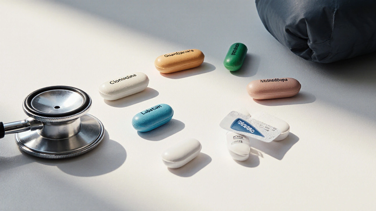 Array of six distinct tablets on a white tray beside a stethoscope and blood‑pressure cuff.
