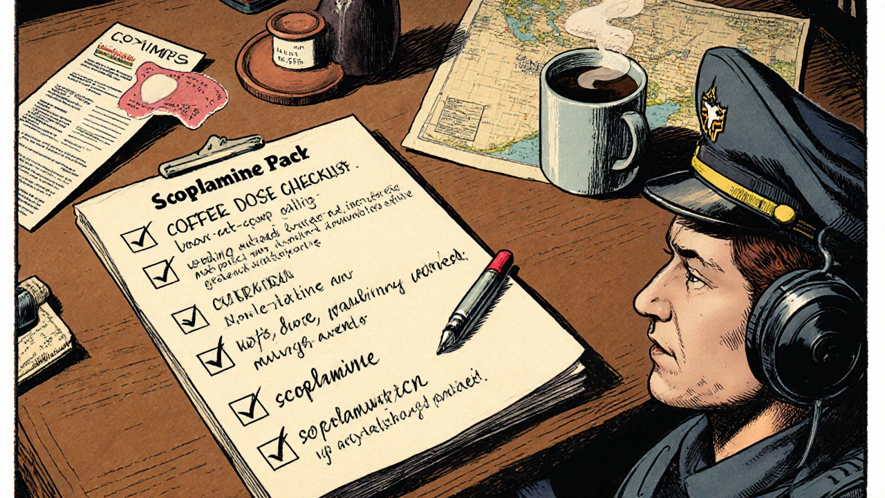 Checklist of scopolamine safety tips with half patch, coffee mug, and alert pilot.