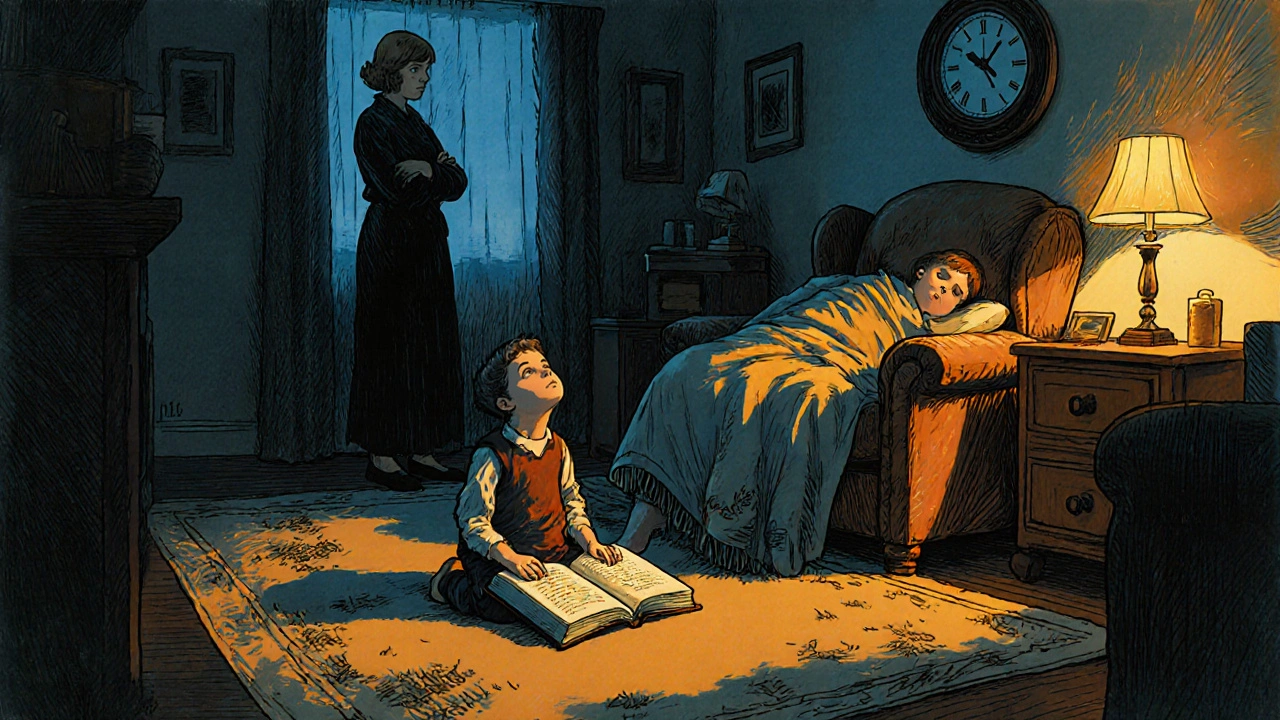 Child holds a storybook as the tired night‑shift parent naps, partner watches the clock.