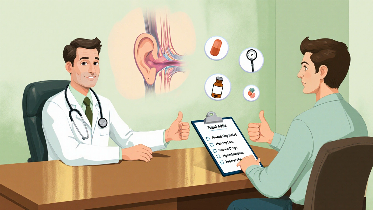 Clinician reviews risk factors with patient, showing safe use of sildenafil for hearing health.