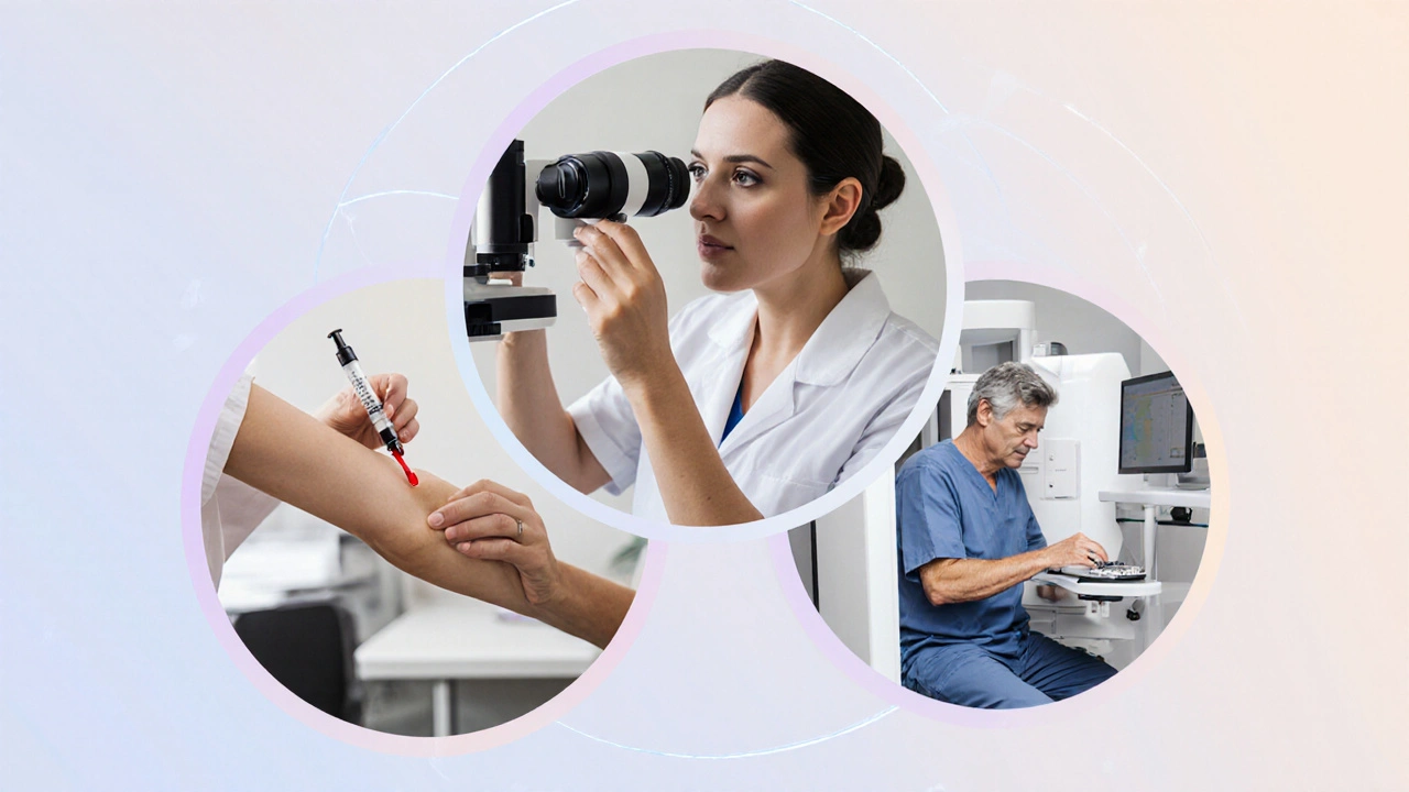 Collage of blood draw, eye exam, and bone density scan.