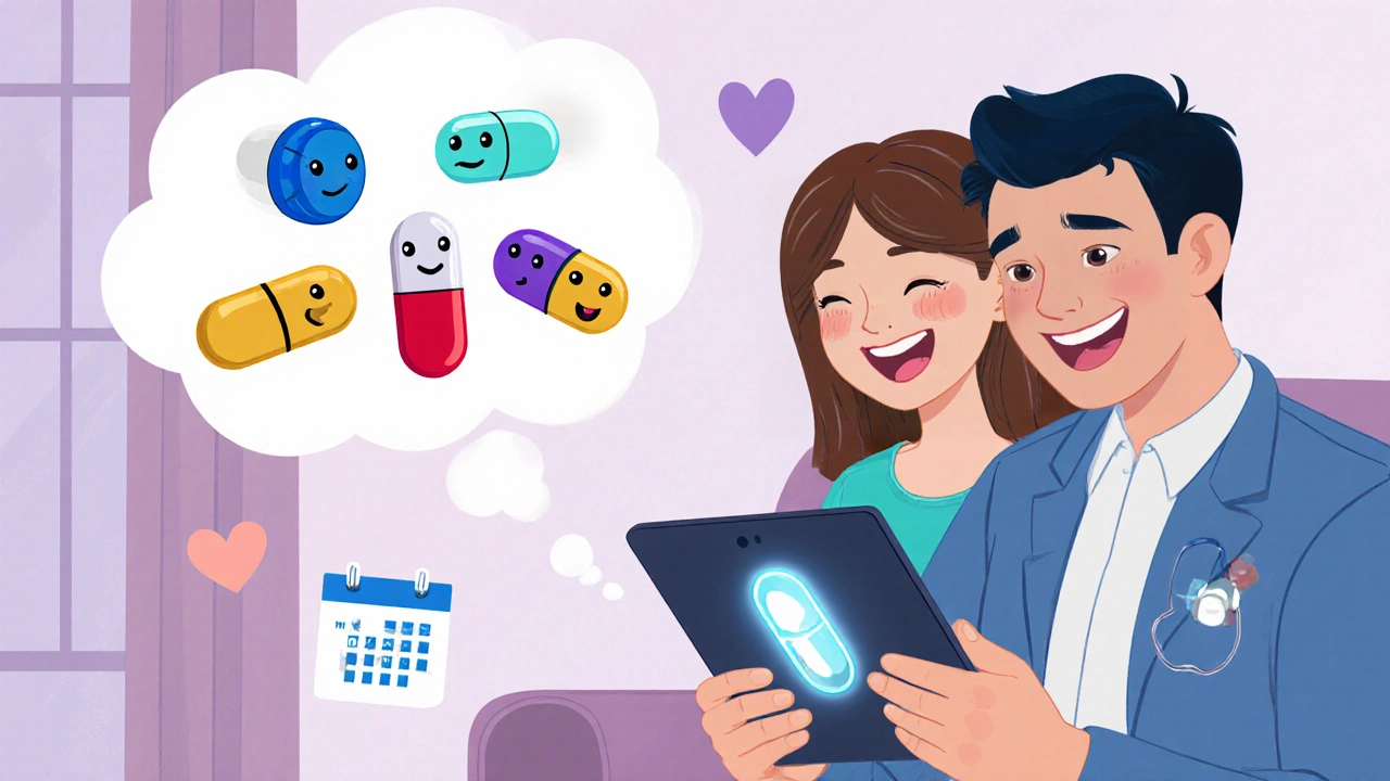 Couple video chats with a doctor while cartoon pills hover in a thought bubble, showing medication options.