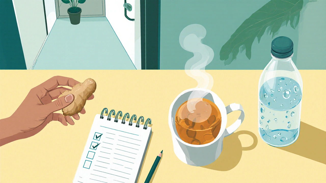 Desk scene with ginger candy, tea, water bottle, checklist, and open window for relief.