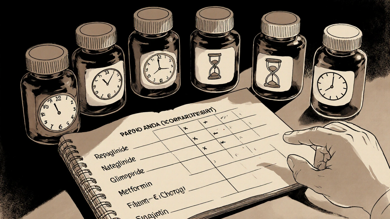 Doctor's desk with pill bottles and a chart comparing diabetes medications.