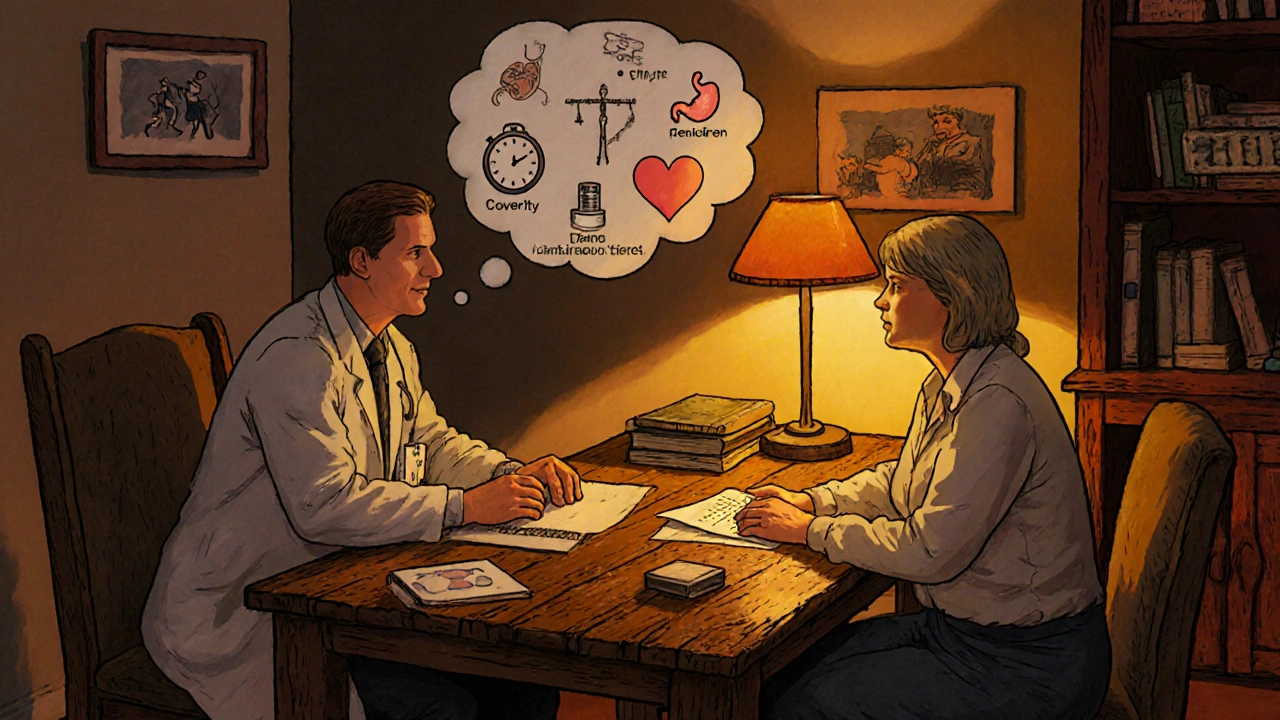 Doctor and patient discuss medication choices surrounded by icons of health factors.