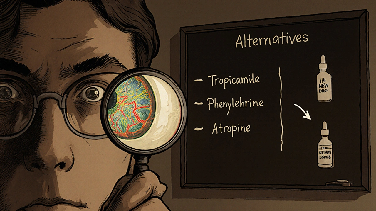 Doctor examining a patient's eye with magnifying lens, revealing detailed retinal structures, alternatives listed on chalkboard.