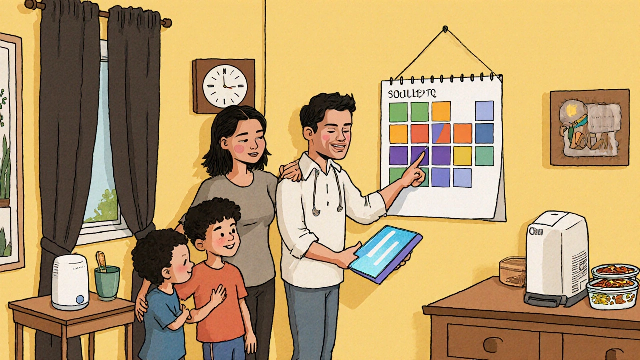 Family gathers around a calendar, light‑therapy box, and blackout curtains, showing coping strategies.