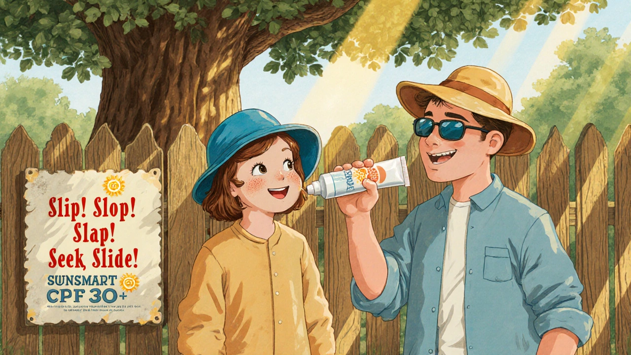 Family using sunscreen and protective clothing under a shady tree.