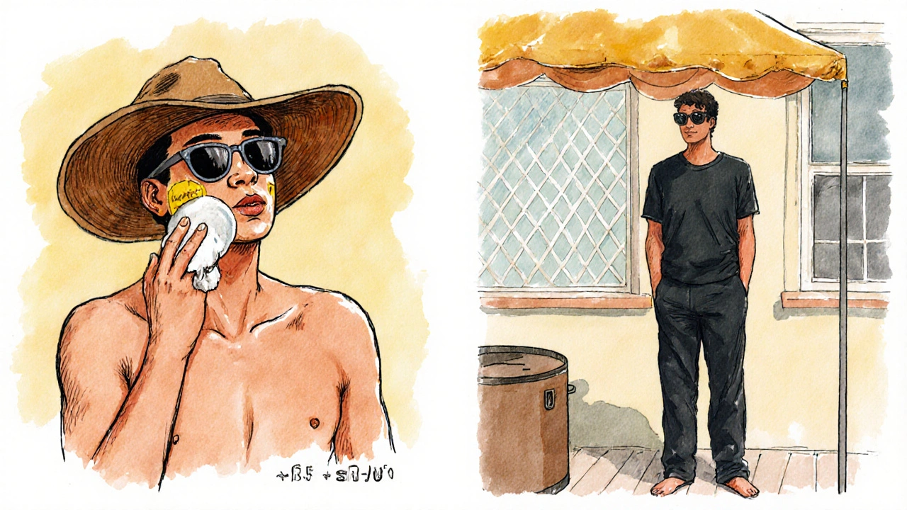 Figure applying sunscreen, wearing UPF clothing, hat, and sunglasses near UV‑blocking window film.