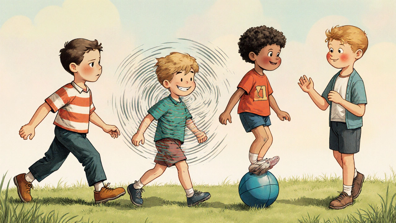 Four children display spastic, dyskinetic, ataxic, and mixed cerebral palsy traits in a park setting.