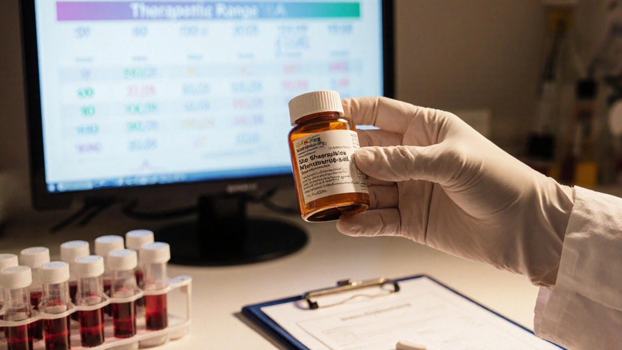 Gloved hand inspecting a pill bottle beside lab equipment and a blood level chart.