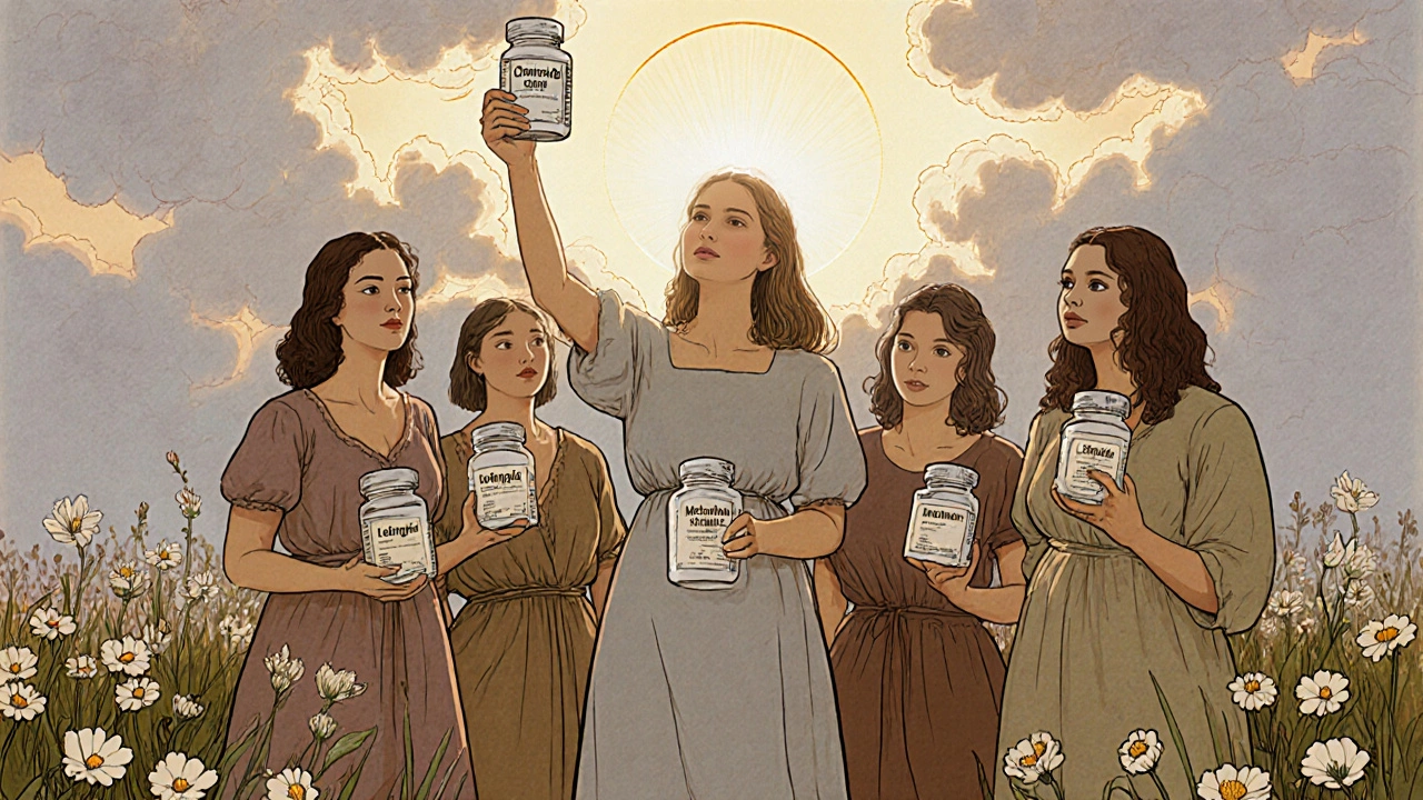 Group of women in a field, one holding letrozole aloft as sunlight breaks through, others watching with hope.