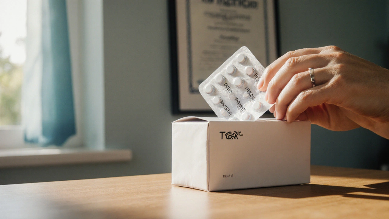 Hands opening a parcel to reveal a blister pack of generic lorazepam tablets.