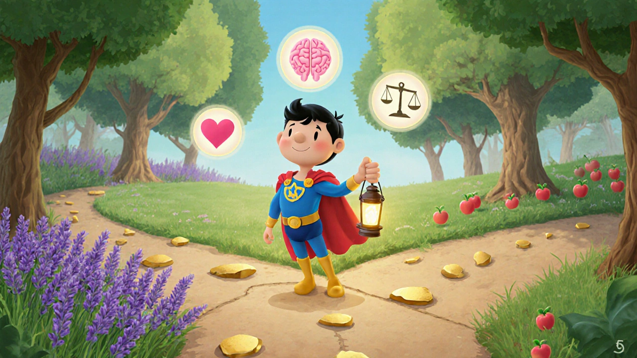 Hero stands at a forest crossroads with paths for mood, pain, and weight.