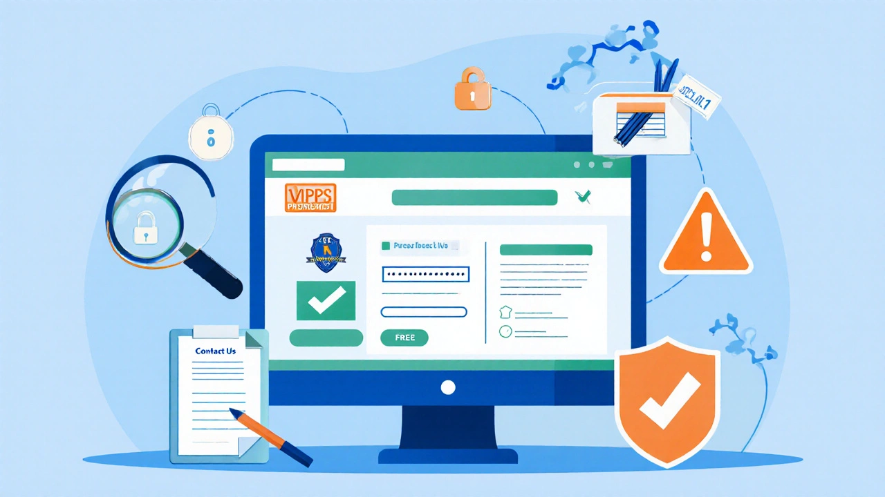 Illustrated checklist of online pharmacy safety icons around a computer screen.