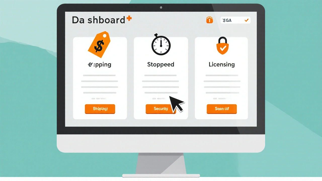 Illustration of a pharmacy comparison dashboard with price, shipping, and safety icons.
