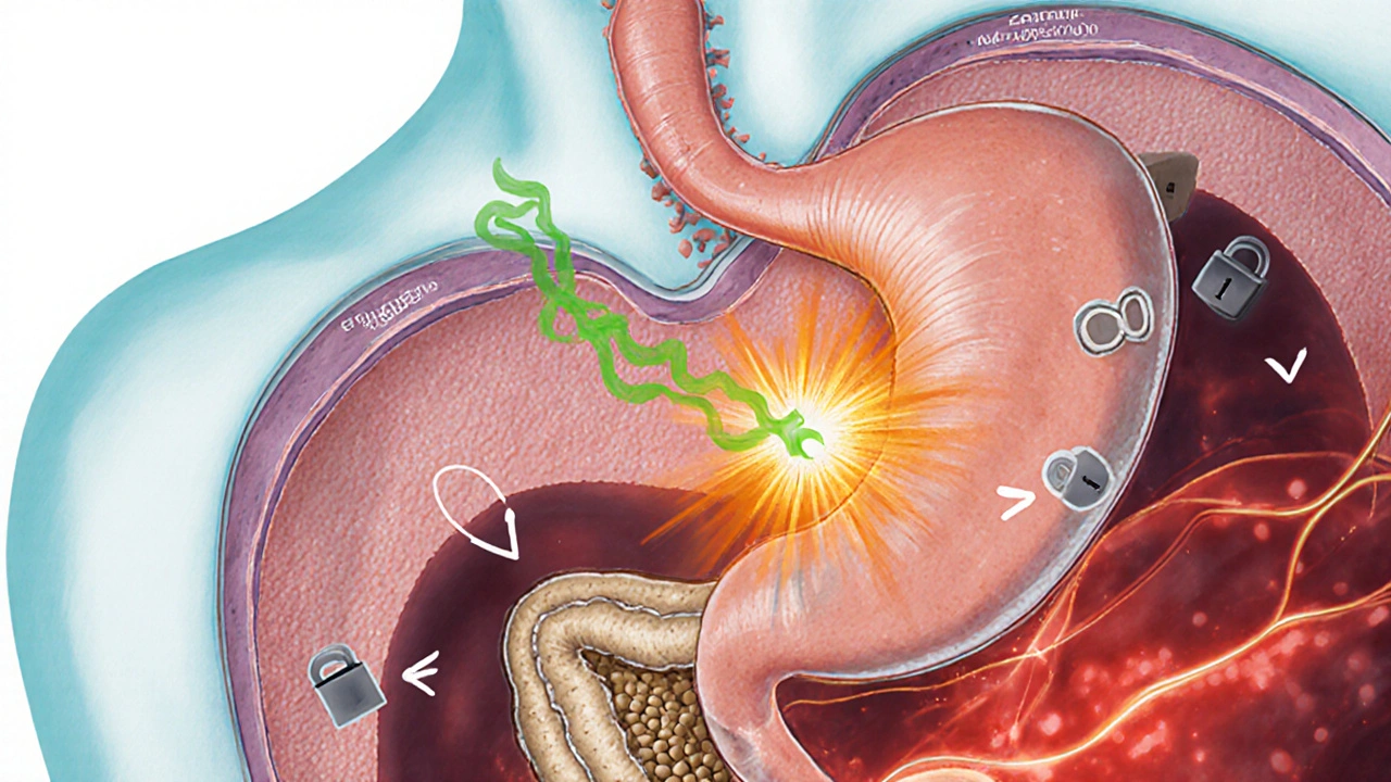 Illustration of gut carbs fermenting, insulin release, and desensitized receptors causing high blood sugar.