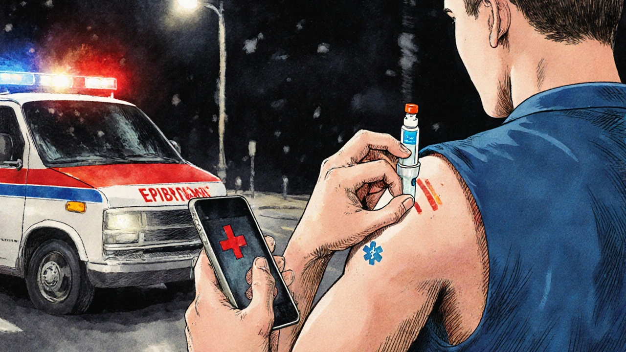 Individual using an epinephrine auto‑injector while an ambulance approaches.