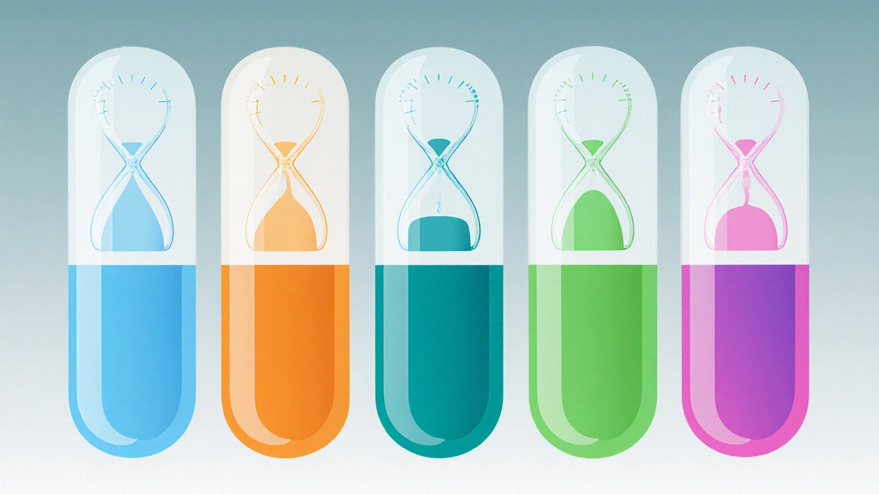 Lineup of six colored generic pills each with a faint hourglass overlay.