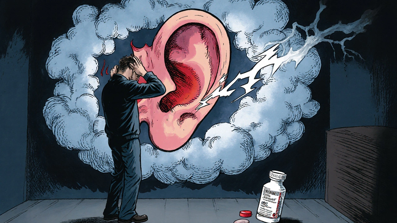 Man clutching ears as a stormy cochlea is struck, representing sudden hearing loss after high-dose sildenafil.