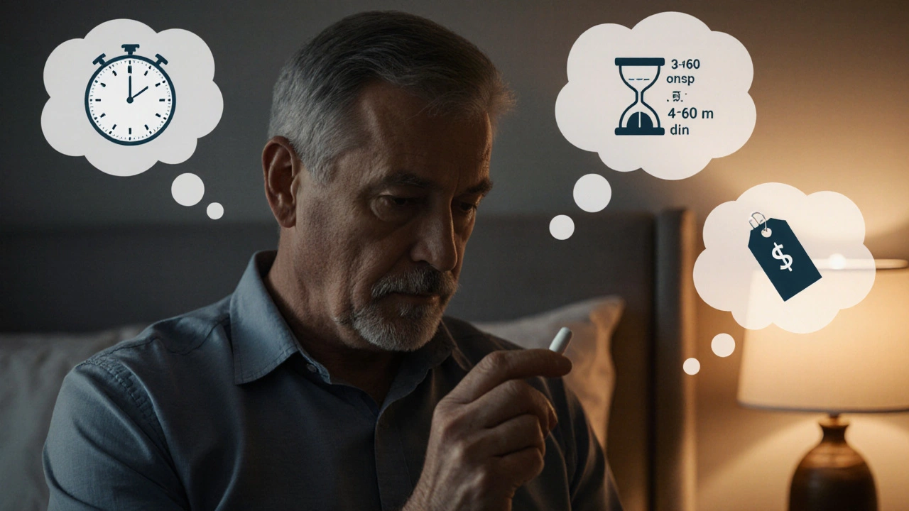 Man holding a tablet while thought bubbles depict onset, duration, and cost.