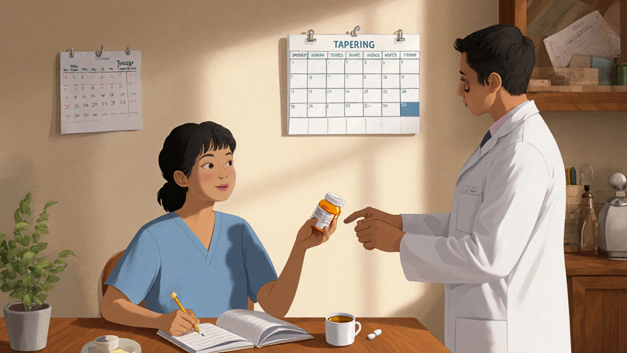 Patient and doctor discussing medication change with a calendar and pill bottles on a kitchen table.