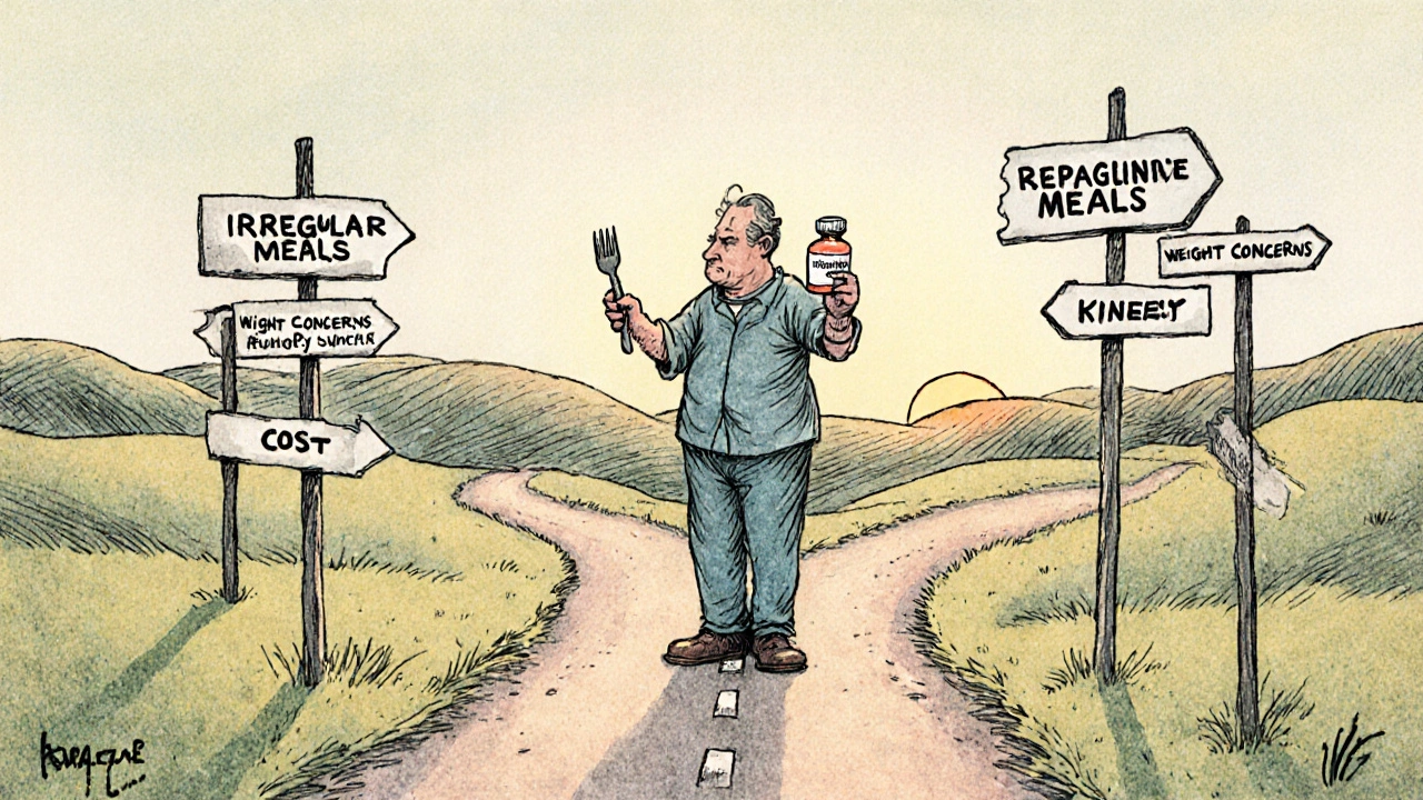 Patient at a crossroads choosing Repaglinide for irregular meal schedule.