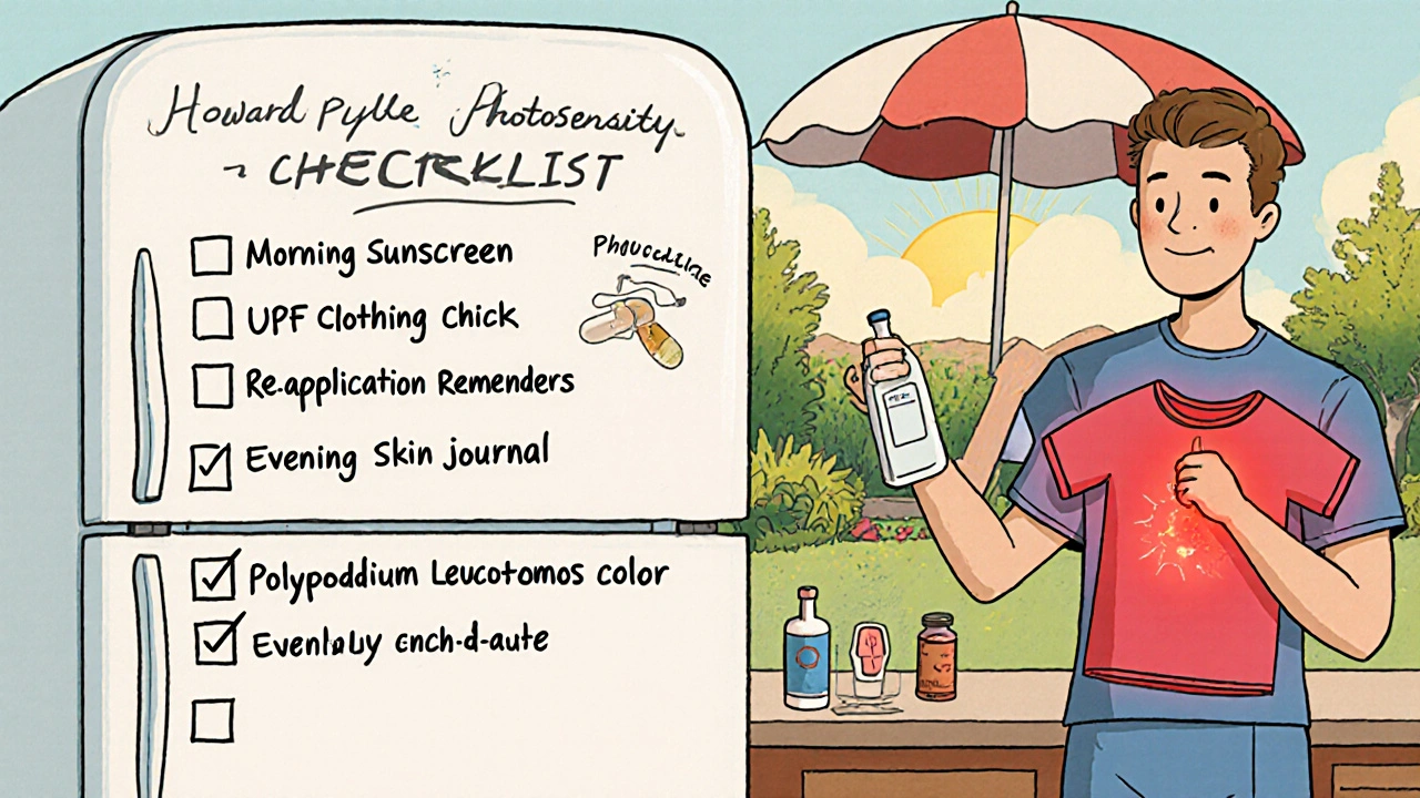 Patient checking a daily sun‑protection list with smart shirt, supplement bottles, and UV‑blocking umbrella.