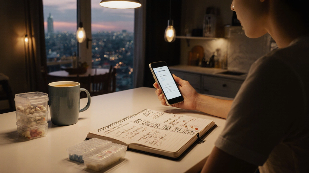 Patient reviewing medication log at home before appointment.