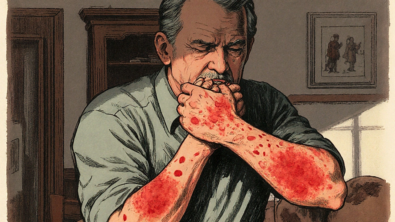 Person experiencing hives, coughing, and throat tightness during an allergic reaction.