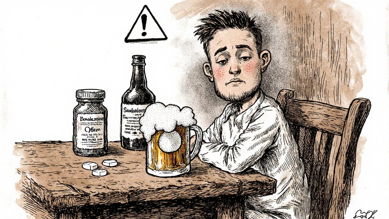 Person with scopolamine patch surrounded by alcohol, pills, showing combined sedation.