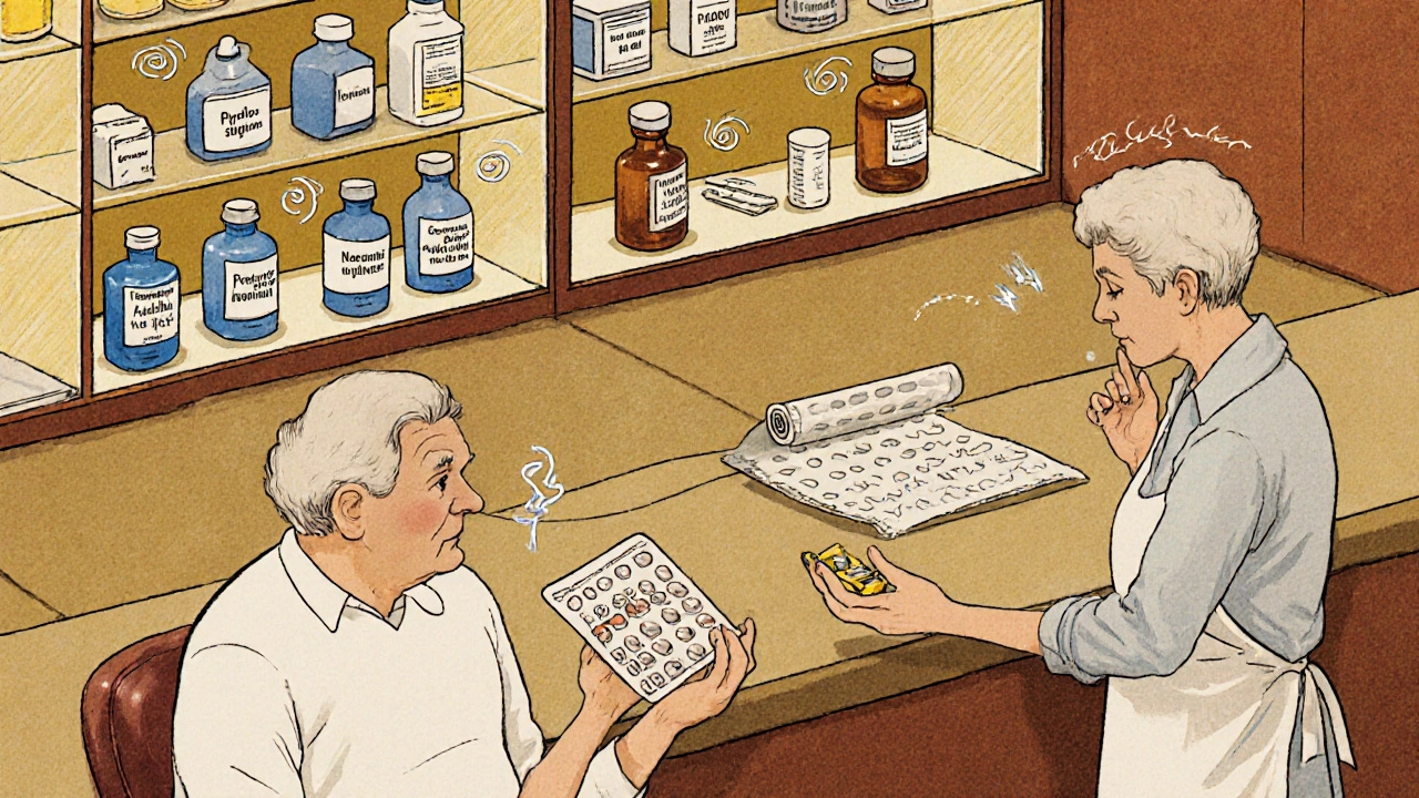 Pharmacy counter shows various myasthenia medication bottles with visual side‑effect cues.