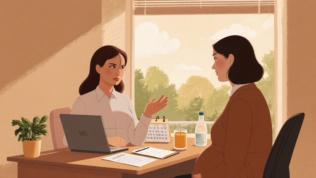 Pregnant employee and HR manager discuss accommodations in a bright, cozy meeting room.