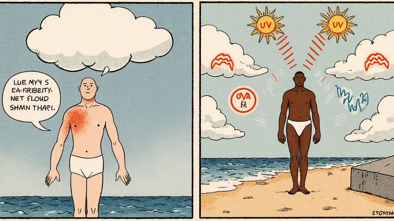Split panel showing myths about sunburn versus factual UV exposure.