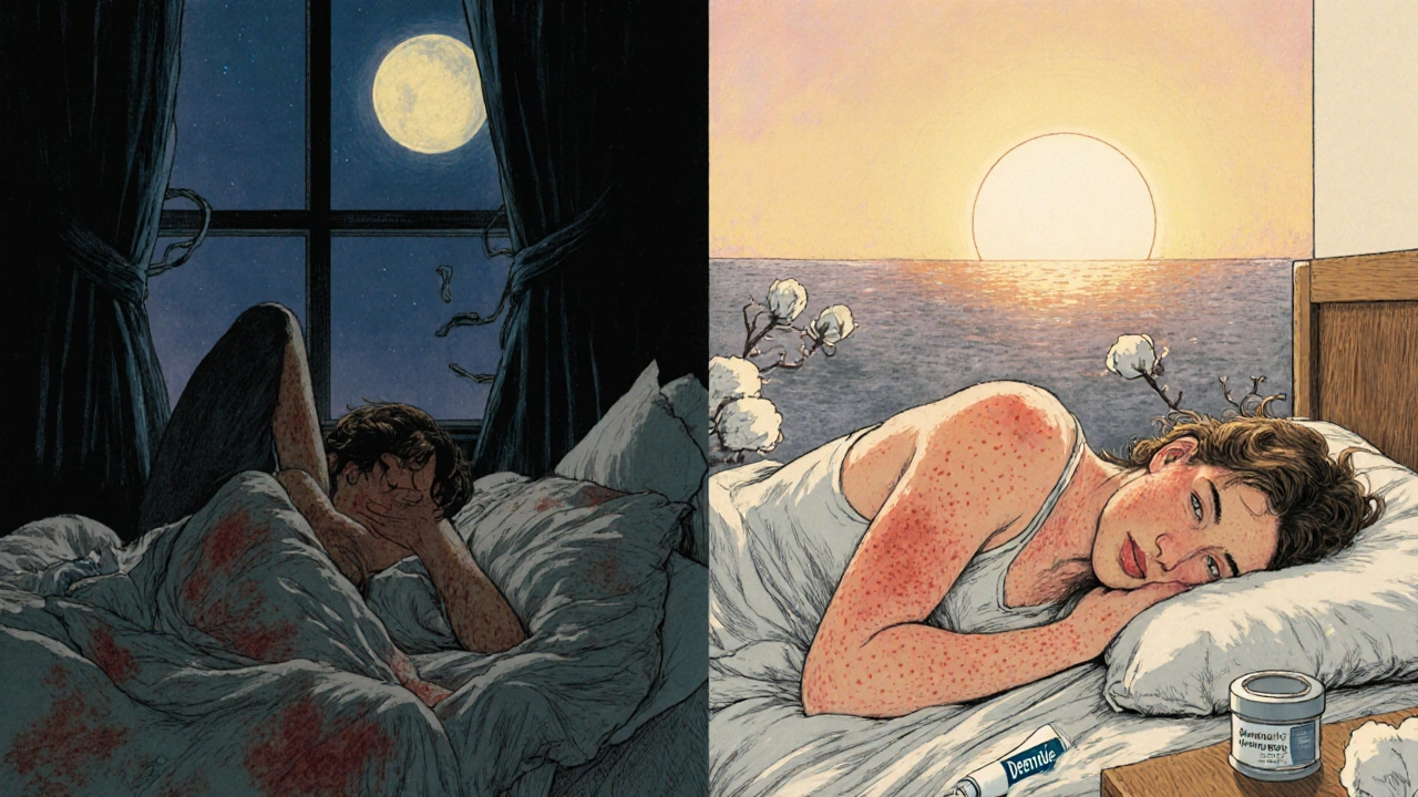 Split scene: nighttime scratching versus peaceful sleep, with desonide tube beside bed and healing skin under dawn light.
