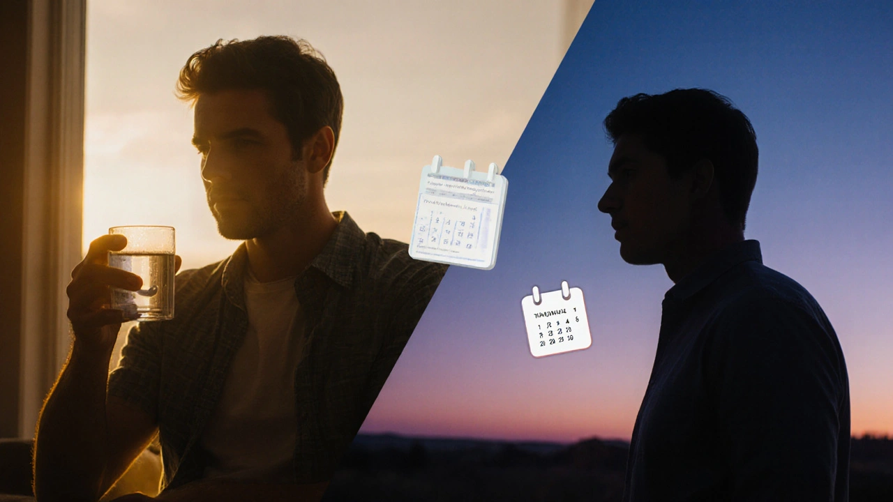Split scene of a man choosing between fast‑acting and long‑lasting ED pills.