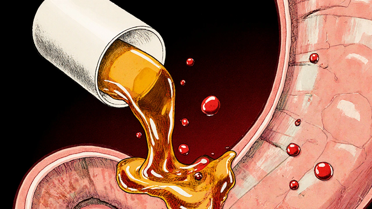 Sucralfate tablet dissolving into a gel that coats damaged stomach tissue.