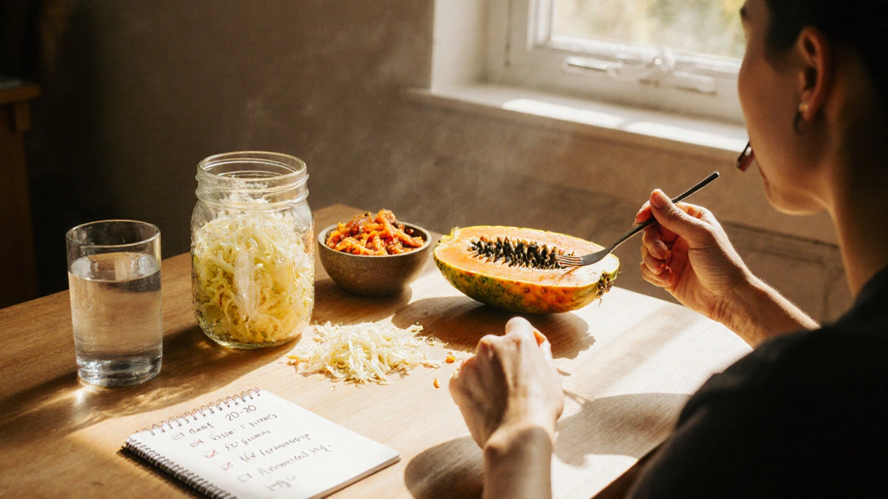 Sunlit kitchen table with pineapple, papaya, sauerkraut, and a person chewing slowly.