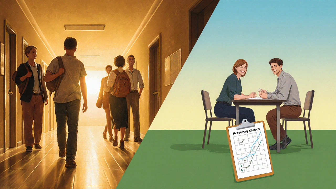 Teen walking confidently with supportive family and teachers in bright settings.
