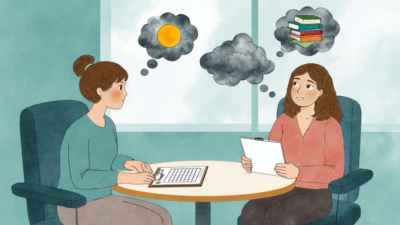 Therapist and teen in an office, thought bubbles show negative to positive thoughts.