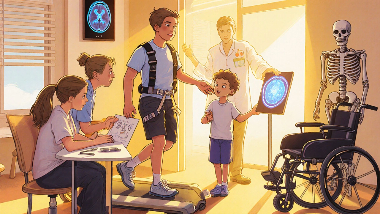 Therapy team works with teen using PT equipment, adaptive tools, and assistive devices in a bright room.