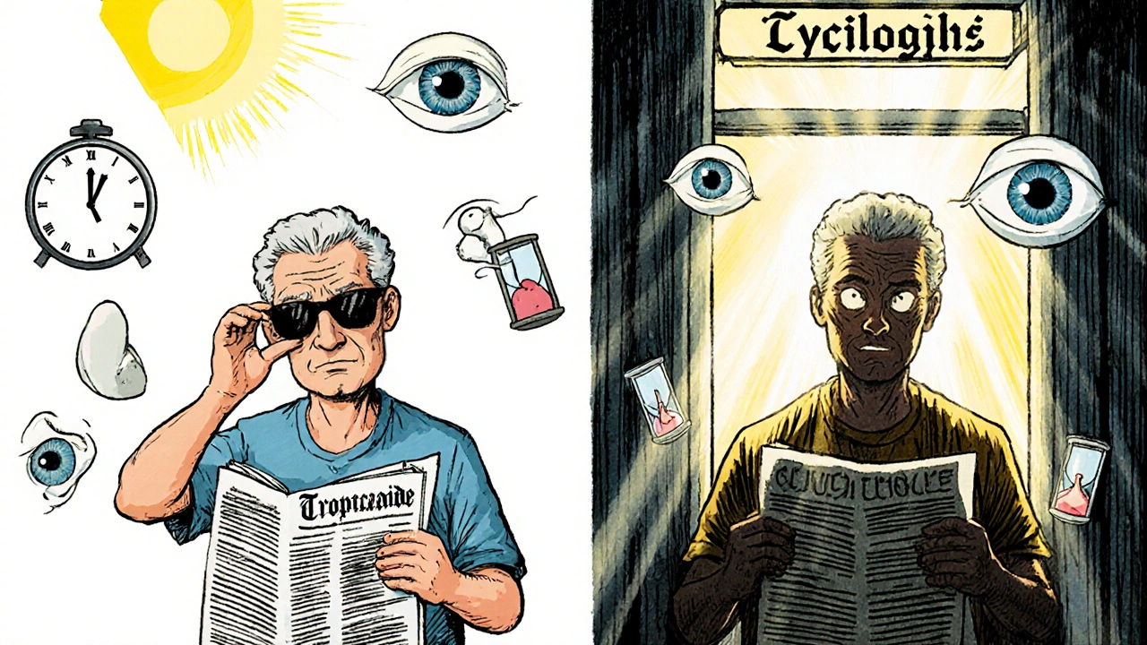 Two versions of the same patient: one recovered after tropicamide, one still blurry from cyclogyl, with time and effect icons.