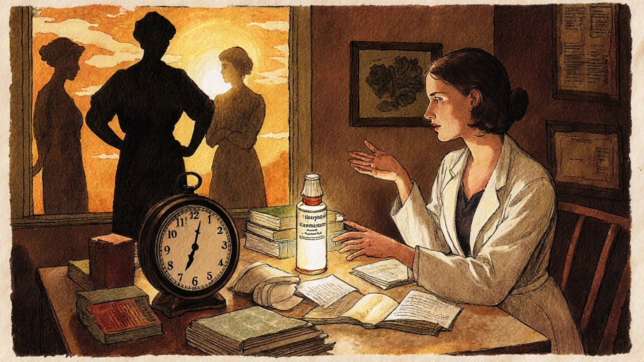 Woman at kitchen table with medical journals, wise doctor pointing to letrozole as other treatments fade.