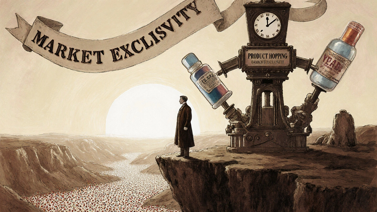 A CEO manipulates drug versions on a tower while a patient looks toward affordable generics below.