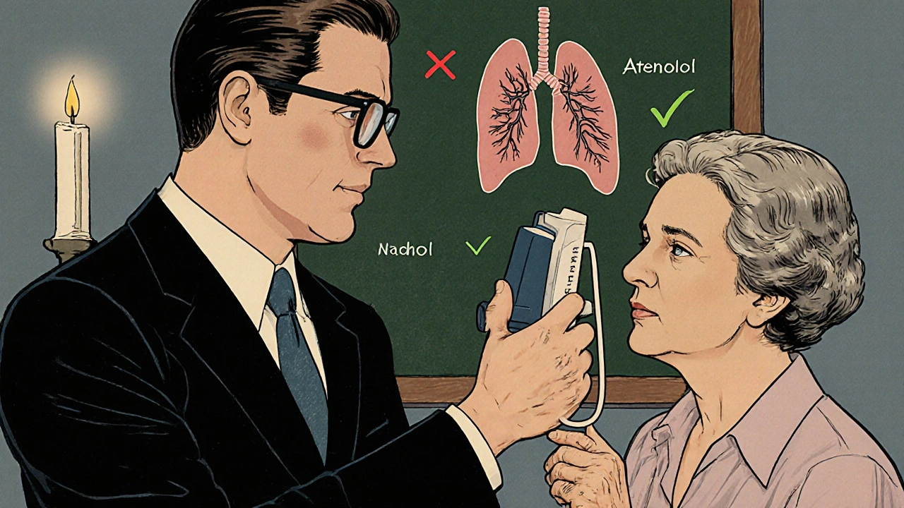 A doctor and patient review lung test results with clear diagrams showing safe vs. unsafe beta-blockers.