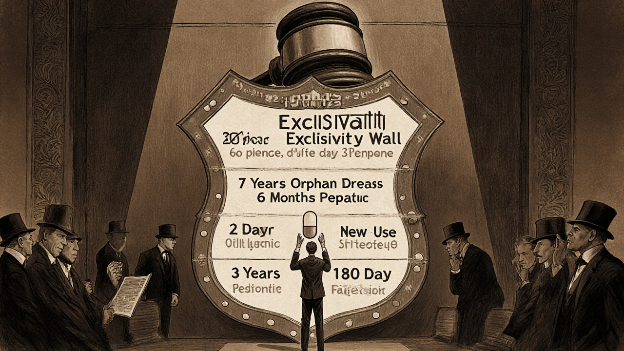 A doctor challenges a massive exclusivity shield in court, surrounded by patent labels and shadowy figures.